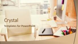  Presentation with computer in backrond - Audience pleasing slide deck consisting of empty chair by working desk backdrop and a  colored foreground