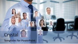  Presentation with office mix of people - Beautiful slide deck featuring empty chairs and table backdrop and a teal colored foreground