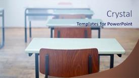  Presentation with chairs - Beautiful PPT theme featuring empty-classroom-with-chairs-desks backdrop and a sky blue colored foreground