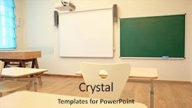  Presentation with chairs - Cool new slide deck with empty classroom with chairs backdrop and a yellow colored foreground