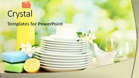  Presentation with dishwashing - Amazing PPT theme having empty-clean-plates-glasses backdrop and a blonde colored foreground