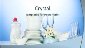  Presentation with dishwashing - Theme with empty clean plates glasses and cups with dishwashing liquid and flowers on blue background background and a sky blue colored foreground