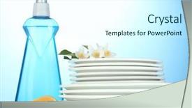  Presentation with dishwashing - Colorful PPT theme enhanced with empty clean plates with dishwashing liquid and lemon on blue background backdrop and a cool aqua colored foreground