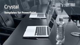  Presentation with conference table - Colorful slide set enhanced with empty conference room with laptops backdrop and a ocean colored foreground