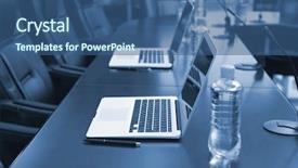  Presentation with conference table - Amazing presentation design having empty conference room with laptops backdrop and a  colored foreground