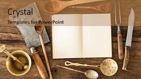  Presentation with kitchen utensils - Audience pleasing slide set consisting of empty cookbook and vintage kitchen backdrop and a coral colored foreground