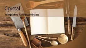  Presentation with kitchen utensils - Colorful presentation enhanced with recipe card - empty cookbook and vintage kitchen backdrop and a coral colored foreground