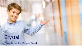  Presentation with eyes - Presentation theme having empty hand at school corridor background and a light blue colored foreground