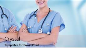  Presentation with female - PPT theme enhanced with empty handed - portrait of beautiful female doctors background and a coral colored foreground