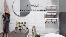  Presentation with mirror - Presentation consisting of empty interior of contemporary bathroom with mirror and wash basin background and a light gray colored foreground