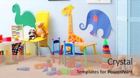  Presentation with kids room children smile - Presentation enhanced with empty kid's playing room interior background and a coral colored foreground