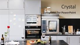  Presentation with kitchen appliance - PPT theme featuring empty kitchen with home appliances background and a coral colored foreground