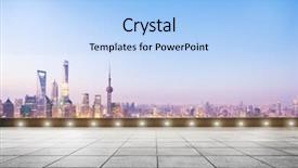  Presentation with blue marble - Colorful presentation theme enhanced with empty marble floor and cityscape in blue sky at dawn backdrop and a light blue colored foreground