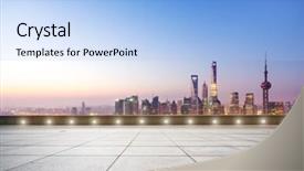  Presentation with blue marble - Slide deck with empty marble floor and cityscape in blue sky at dawn background and a light blue colored foreground