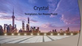  Presentation with dawn - Slide set with empty marble floor and cityscape in colorful sky at dawn background and a teal colored foreground