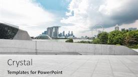  Presentation with blue marble - Presentation having empty marble floor and cityscape of singapore in blue cloud sky background and a light gray colored foreground