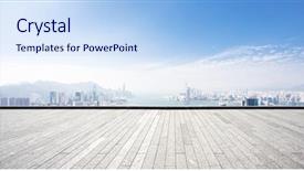  Presentation with blue marble - Colorful presentation design enhanced with empty marble floor and cityscape backdrop and a light blue colored foreground