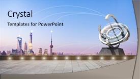  Presentation with blue marble - Presentation theme featuring empty marble floor and communication within modern buildings in blue sky at dawn background and a light blue colored foreground