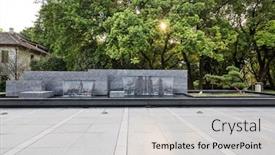  Presentation with green marble - Presentation theme having empty marble floor near green forest with sunbeam background and a light gray colored foreground