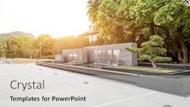  Presentation with green marble - Theme having empty marble floor near green forest with sunbeam background and a light gray colored foreground