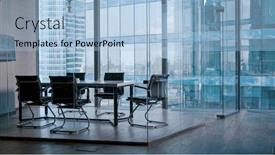  Presentation with office room - Slide deck with empty-meeting-room-in-office background and a light blue colored foreground