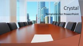  Presentation with board meeting room chairs - Audience pleasing PPT layouts consisting of empty meetings - meeting room in front focus backdrop and a light blue colored foreground