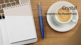  Presentation with keyboard - Amazing PPT theme having empty-notebook-on-laptop-keyboard backdrop and a coral colored foreground