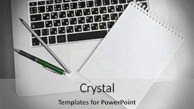  Presentation with notebook - Slide deck featuring empty-notebook-on-laptop-keyboard background and a light gray colored foreground