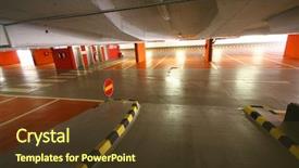  Presentation with empty stage blue curtain - PPT theme featuring empty parking garage with arrow background and a tawny brown colored foreground