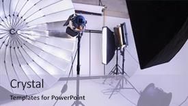 Presentation with lighting - Presentation theme featuring empty photo studio with many modern lighting equipment white backgrounds background and a light blue colored foreground