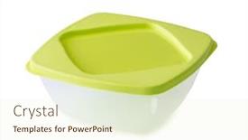  Presentation with lunchbox - Slide deck featuring empty plastic lunchbox with lid isolated on white background background and a soft green colored foreground