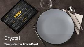  Presentation with tableware - Audience pleasing presentation consisting of empty plate and tableware with online order menu backdrop and a dark gray colored foreground