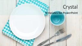  Presentation with white plate - Audience pleasing presentation theme consisting of empty plate cup and silverware backdrop and a arctic colored foreground