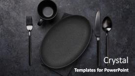  Presentation with kitchen utensils - Presentation design featuring empty-plate-cup-fork-spoon background and a dark gray colored foreground