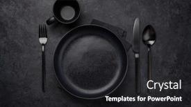  Presentation with kitchen utensils - Presentation design consisting of empty plate cup fork and knife black kitchen utensils set on stone table top view flat lay with copy space background and a dark gray colored foreground