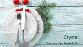  Presentation with cutlery - Audience pleasing presentation design consisting of empty plate cutlery napkin and glass on rustic wooden background christmas table setting concept backdrop and a light blue colored foreground