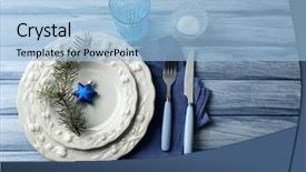  Presentation with table napkin - PPT theme consisting of empty plate cutlery napkin and glass on rustic wooden background christmas table setting concept background and a light blue colored foreground