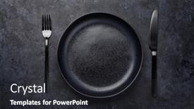  Presentation with kitchen utensils - Slide set with empty plate fork and knife black kitchen utensils set on stone table top view flat lay with copy space background and a dark gray colored foreground
