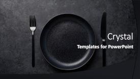  Presentation with kitchen utensils - Presentation design consisting of empty plate fork and knife black kitchen utensils set on stone table top view flat lay with copy space background and a dark gray colored foreground