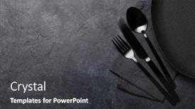  Presentation with kitchen utensils - PPT theme enhanced with empty plate fork spoon and knife black kitchen utensils set on stone table top view flat lay with copy space background and a dark gray colored foreground