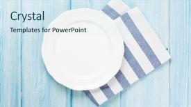  Presentation with empty of wood table top - PPT theme with empty plate over wooden table background and a sky blue colored foreground