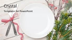  Presentation with christmas tree - Presentation theme consisting of empty plate silverware and christmas background and a sky blue colored foreground