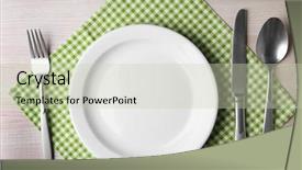  Presentation with table napkin - Theme featuring empty plate with silver cutlery background and a soft green colored foreground