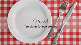  Presentation with cutlery - Amazing PPT layouts having empty plate with silver cutlery on red checkered background backdrop and a light gray colored foreground