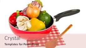  Presentation with ratatouille - Slide deck featuring empty red frying wok pan with ratatouille vegetables background and a coral colored foreground