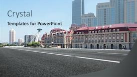  Presentation with office buildings - Slide set enhanced with empty road and modern office block buildings against sky tianjin china background and a light blue colored foreground