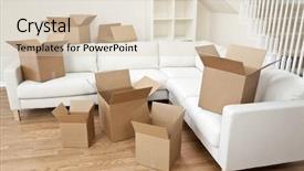  Presentation with new cold room storage - Presentation theme with empty room full of cardboard background and a  colored foreground