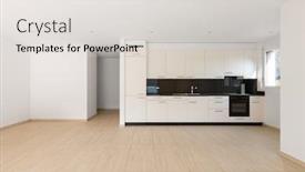  Presentation with nobody - Presentation design enhanced with empty room with white walls travertine floor and white kitchen and black marble copy space nobody inside background and a light gray colored foreground