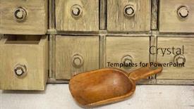  Presentation with primitive drawing - Cool new PPT theme with empty rustic wooden scoop with a primitive apothecary drawing cabinet in a background backdrop and a coral colored foreground