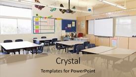  Presentation with classroom - Beautiful PPT layouts featuring empty school classroom backdrop and a coral colored foreground